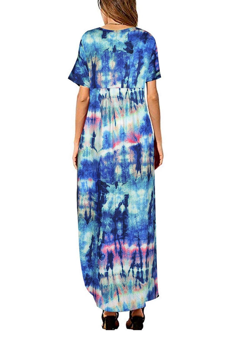 Arolina Women Summer Maxi Dress Short Sleeve V Neck Casual Loose Long Split Dresses Beach Vacation Sundress with Pockets Floral Blue - Image 2